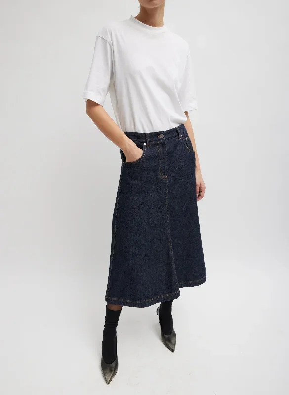 Indigo Denim Midi A-Line Skirt