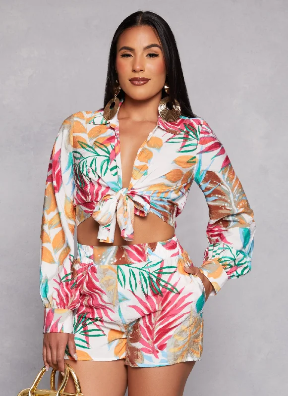 Tropical Floral Print Tie Front Top