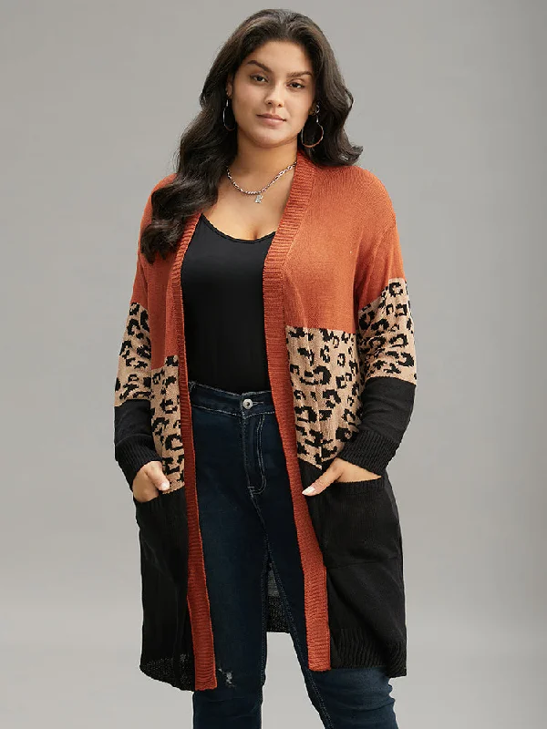 Leopard Colorblock Patchwork Patched Pocket Cardigan