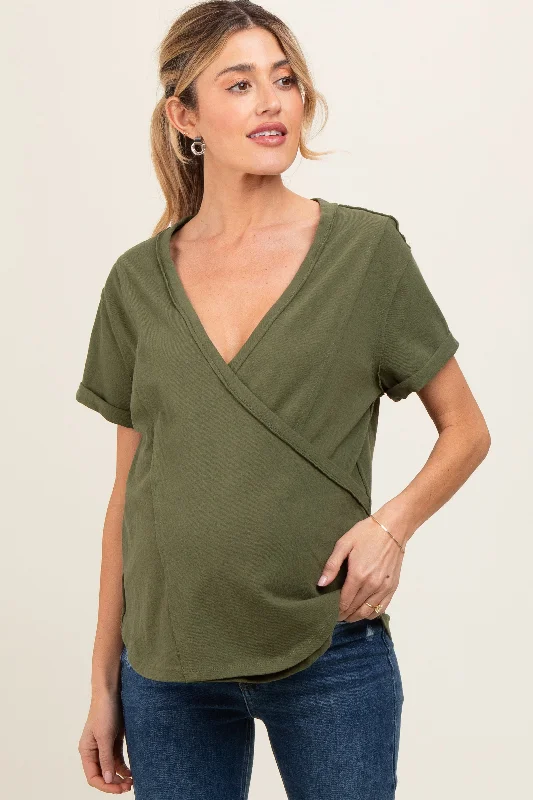 Olive Wrap Short Sleeve Raw Hem Maternity Top