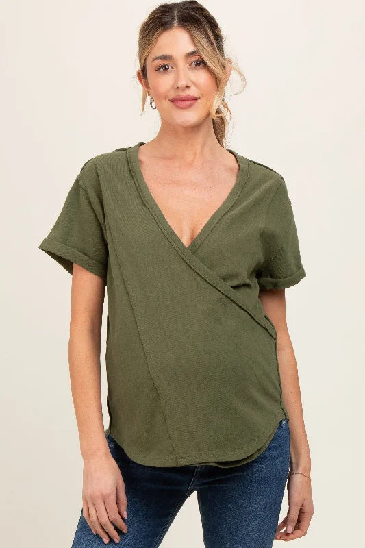 olive-wrap-short-sleeve-raw-hem-maternity-top