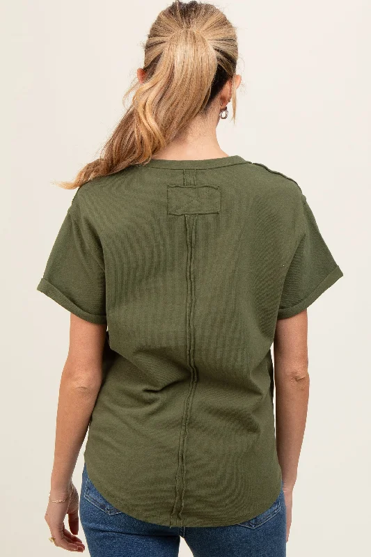 olive-wrap-short-sleeve-raw-hem-maternity-top