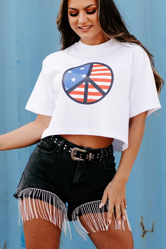 Peaceful Existence Oversized Graphic Crop Tee (White) - Print On Demand