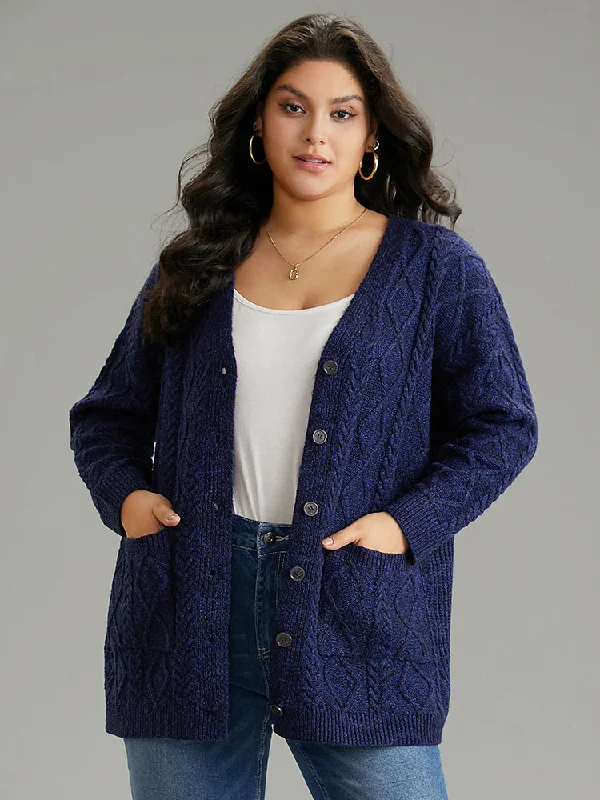 Plain Geometric Texture Button Up Cable Knit Cardigan