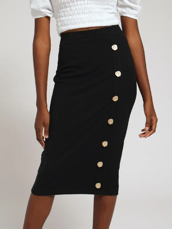 Ribbed Knit Skirt With Gold Buttons - Black