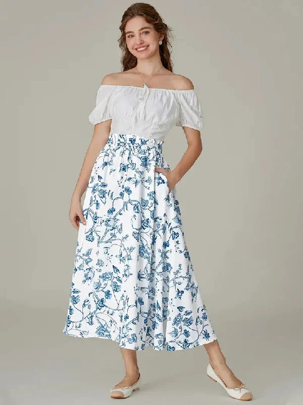 Women Elastic Drawstring Waist Pocket Skirts Floral Swing Skirt