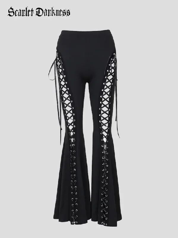 Women Punk Style Pants Black Eyelets Flared Trousers