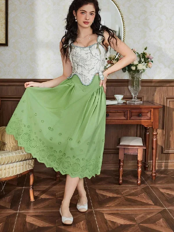 Women Renaissance Cotton Button Decorated Cutout Skirt