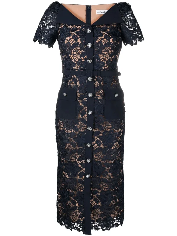 Navy Lace Open Neck Midi Dress