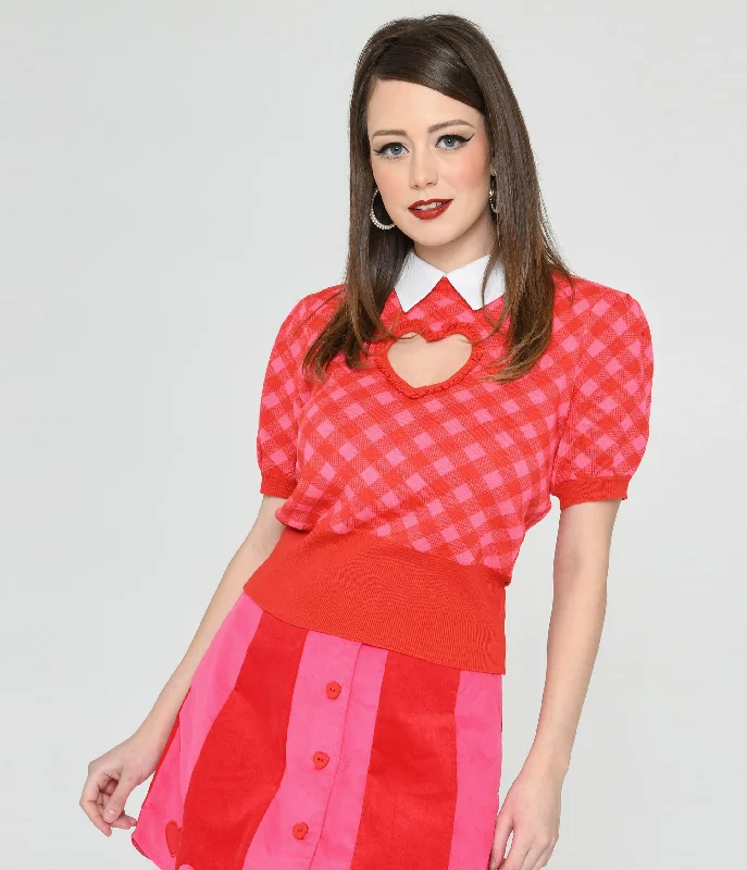 Smak Parlour Red & Pink Bias Gingham Heart Sweater