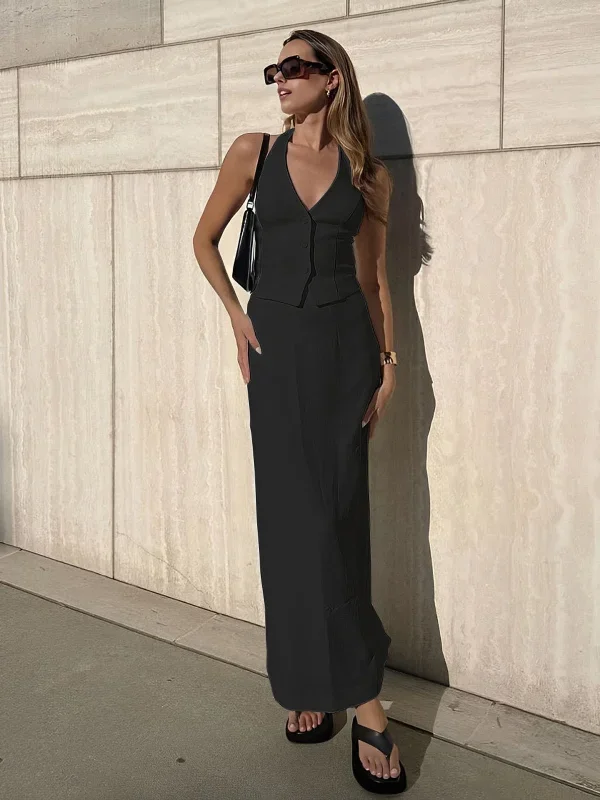 solid-v-neck-backless-tie-up-halter-split-maxi-skirt-set