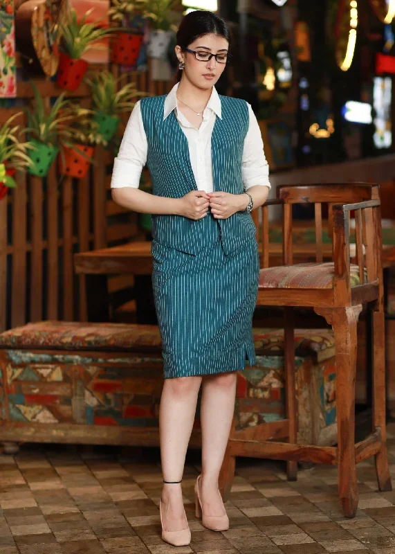 Trendy Striped Teal Formal Wear Cotton Skirt with Optional Waistcoat