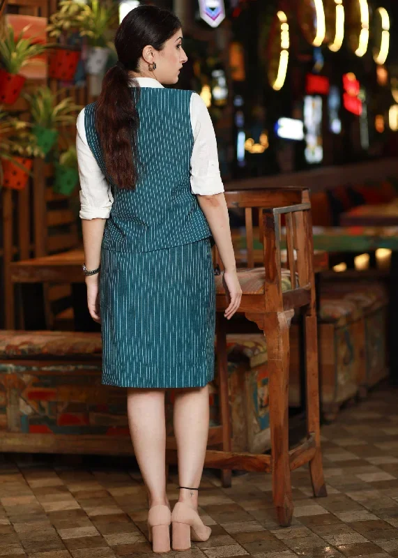 trendy-striped-teal-formal-wear-cotton-skirt-with-optional-white-shirt