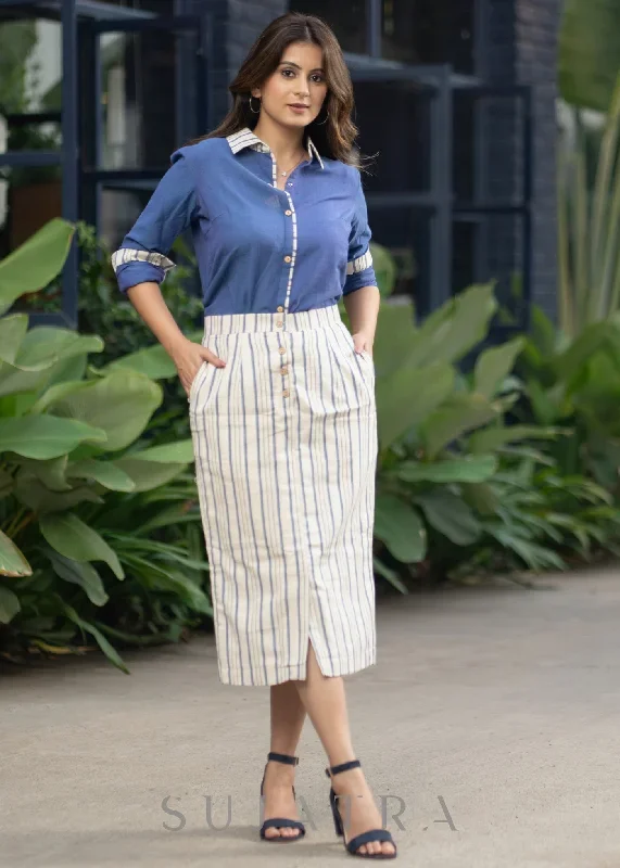 Trendy Striped White IndoWestern Skirt Cotton Blue Shirt Optional