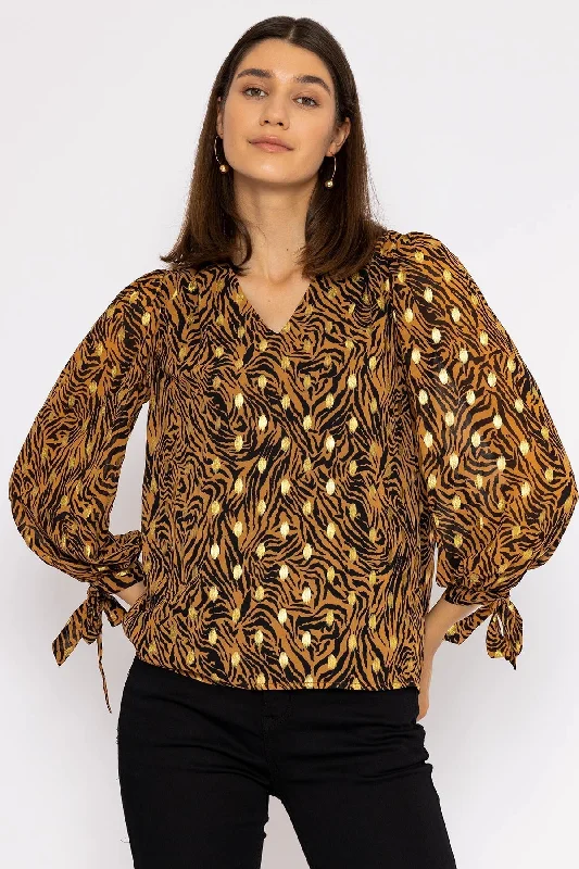 V Neck Tie Sleeve Top in Gold Animal Print