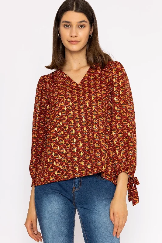 V Neck Tie Sleeve Top in Multi Print