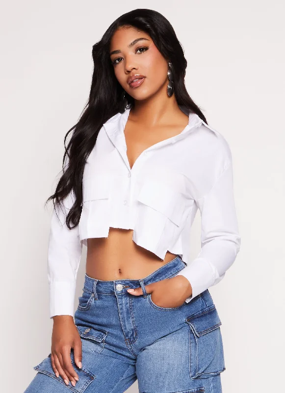 Flap Pocket Long Sleeve Cropped Shirt