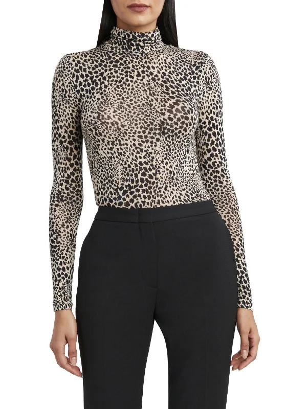 Womens Knit Animal Print Turtleneck Top