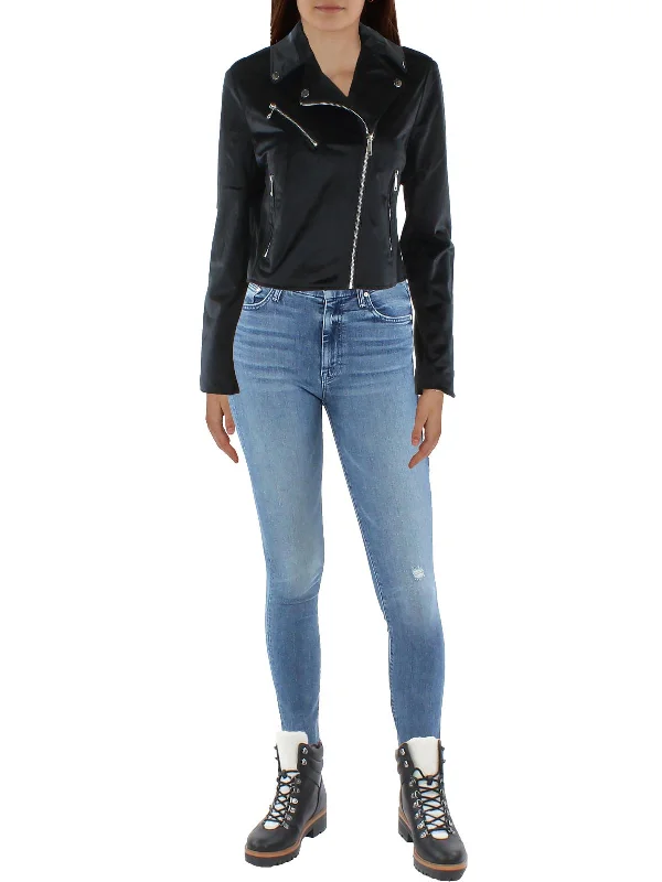 Womens Velvet Cropped Motorcycle Jacket